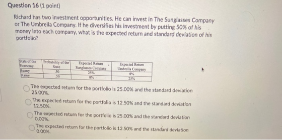 Question 16 (1 point) Richard has two investment opportunities. He can invest in The Sunglasses Company or The Umbrella Compa
