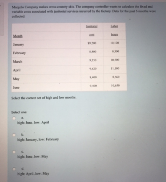 Margolo Company makes cross-country skis. The company controller wants to calculate the fixed and variable costs associated with janitorial services incurred by the factory. Data for the past 6 months were Labor boues 10,120 9,500 10.500 11,100 8,660 10,650 9,200 8,8oo February March April May June 9.350 9,620 8,400 9.400 Select the correct set of high and low months Select one high: June, low: April high: January, low: February C. high: June, low: May d. high: April, low: May