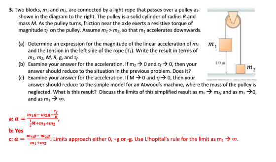 3. Two blocks, mi and m2, are connected by a light rope that passes over a pulley as shown in the diagram to the right. The p