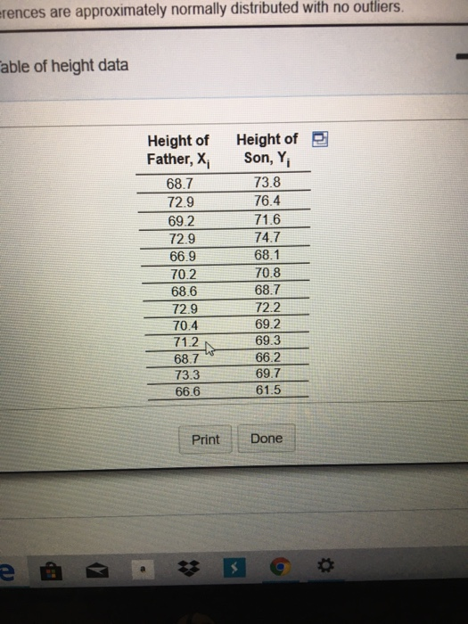rences are approximately normally distributed with no outliers. able of height data Height of Father, X, 68.7 72.9 69.2 72.9