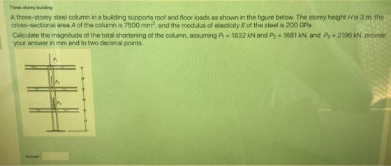 Three storey building A three-storey steel column in a building supports roof and floor loads as shown in the figure below. T