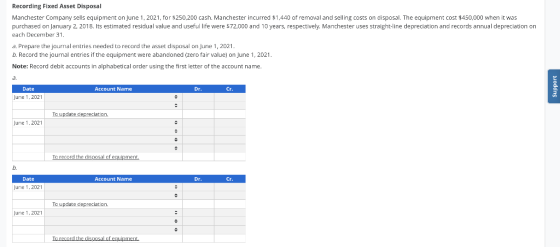 Recording Fixed Asset Disposal Manchester Company sells equipment on June 1, 2021, for $250,200 cash. Manchester incurred $1,
