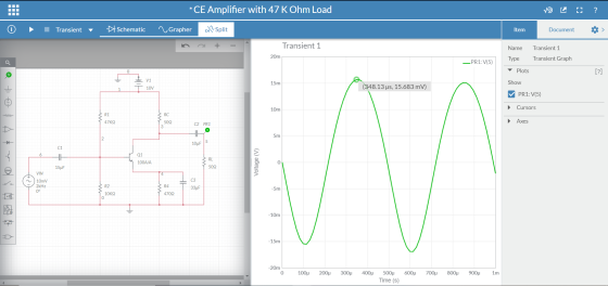 *CE Amplifier with 47 K Ohm Load ? Transient Schematic Grapher st Split Item Document Transient 1 Name Transient 1 Transient