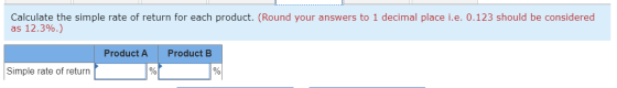 Calculate the simple rate of return for each product. (Round your answers to 1 decimal place i.e. 0.123 should be considered