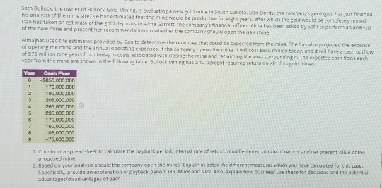 Seth Bullock, the owner of Bullock Gold Mining, is evaluating a new gold mine in South Dakota. Den Dority.the compars geolog