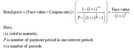 1-(1+ Face value Bond price (Face value x Coupon rate)x| (1-9-1} (1+) Px1(1+F1 Here i is yield to maturity Pis number of paym