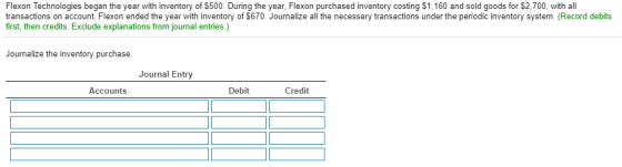Flexon Technologies began the year with inventory of $500. During the year, Flexon purchased inventory costing $1,160 and sol