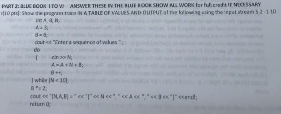 PART 2: BLUE BOOK I TO VI ANSWER THESE IN THE BLUE BOOK SHOW ALL WORK for full credit IF NECESSARY (10 pts): Show the program trace IN A TABLE OF VALUES AND OUTPUT of the following using the input stream 5 2-1 10 int A, B, N; A 3; B-6; cout<<Enter a sequence of values do cin >> N A=A+N+B; J while (N< 10) B *= 2; cout << (NAB) = << ( << N << , << A << , << B << )くくendl; return 0;