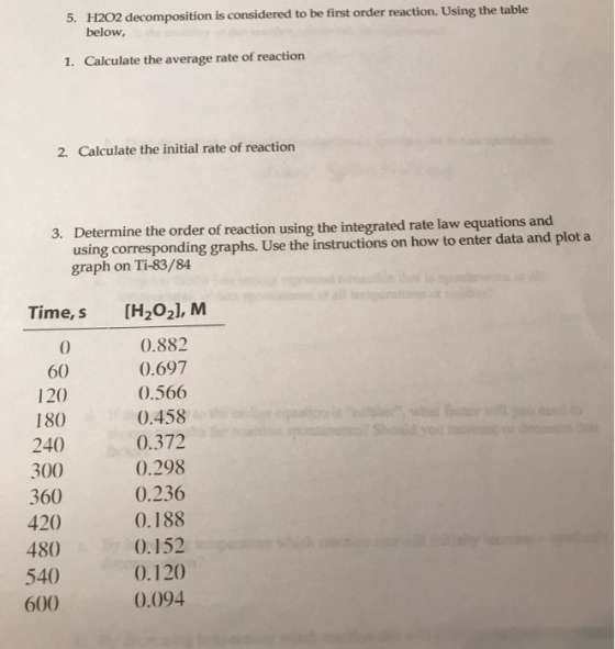 5. H2O2 decomposition is considered to be first order reaction. Using the table below, 1. Calculate the average rate of react