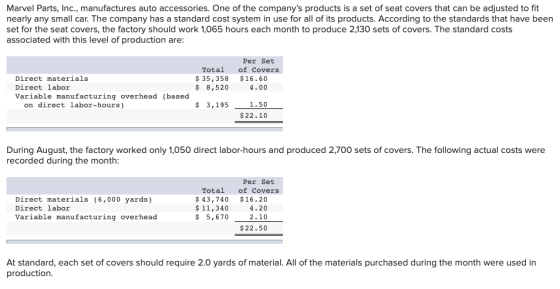 Marvel Parts, Inc., manufactures auto accessories. One of the companys products is a set of seat covers that can be adjusted
