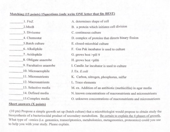 Matching (15 points) 15questions (only write ONE letter that fits BEST) _1. FtsZ 2.MreB 3. Divisome 4. Chemostat 5.Batch cult