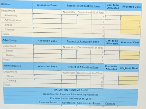 Utilities Allocation Base Percent of Allocation Base Cost to be Allocated Allocated Cost Numerator Denominator% of Total Depa