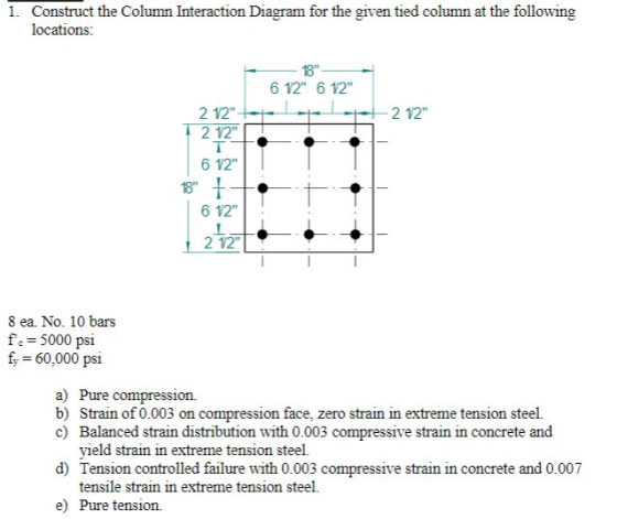 1. Construct the Column Interaction Diagram for the given tied column at the following locations 18 6 12 6 12 2 12 2 12 2 12 6 12 18T 6 12 2 12 8 ea. No. 10 bars fc 5000 psi f 60,000 psi a) Pure compression. b) Strain of 0.003 on compression face, zero strain in extreme tension steel. c) Balanced strain distribution with 0.003 compressive strain in concrete and yield strain in extreme tension steel. d) Tension controlled failure with 0.003 compressive strain in concrete and 0.007 tensile strain in extreme tension steel. e) Pure tension.