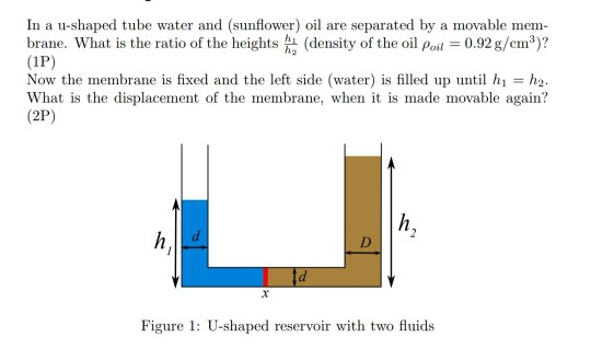 In a u-shaped tube water and (sunflower) oil are separated by a movable mem- brane. What is the ratio of the heights h (density of the oil o 0.92g/cm3)? (1P) Now the membrane is fixed and the left side (water) is filled up until hi = h2. What is the displacement of the membrane, when it is made movable again? (2P) Figure 1: U-shaped reservoir with two fluids