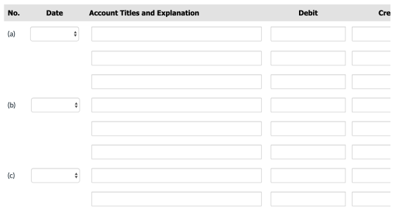 No. Date Account Titles and Explanation Debit Cre