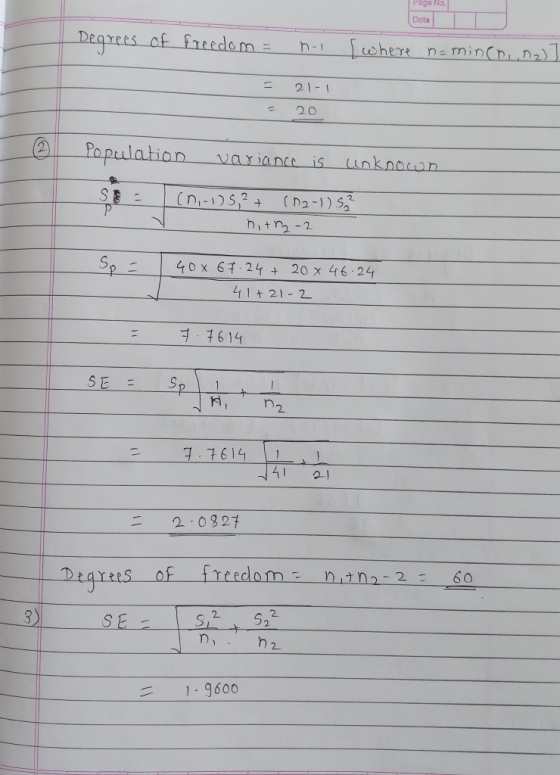 Paga No. Data Degrees of fredom ohere neminCh D h-i 21-1 20 Po pulation varianceis unknoon (n-1252(D2-1) 5 P hitn2-2 Sp - 40x