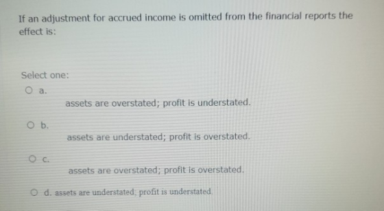 If an adjustment for accrued income is omitted from the financial reports the effect is: Select one: O a. assets are overstat