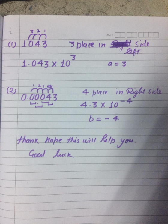 3 2 1 DATE 1093 DATE DDT are in sit side ( 1043 3place in the side left 1.043 x 103 a=3 0.00043 4 place in Right side 4.3 X 1