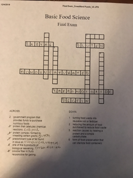 12/4/2018 Final Exam CrossWord Puzde V2.JPG Basic Food Science Final Exam ACROSS 2 government program that 3 protein that catalyzes chemical DOWN 1 turning food waste into 2 reducing the amount of food 5 reaction causes by heating a provides funds to purchase nutritious foods reusable soil or fertilizer purchased to reduce food waste reactions Enme protein complex formed by kneading certain grains.gvron predominant type of fat found in olive oil. mngvmsvatCo protein and a simple carbohydrate form of food preservation that can sterilize food containers 6 one of the byproducts of biological leavening. Carbin dioxid soluble foer in fruits responsible for gelling