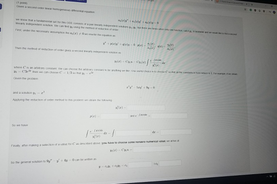 (1 point) Given a second order inear homogeneous differential equation az(x) + we know that a fundamental set for this ODE co
