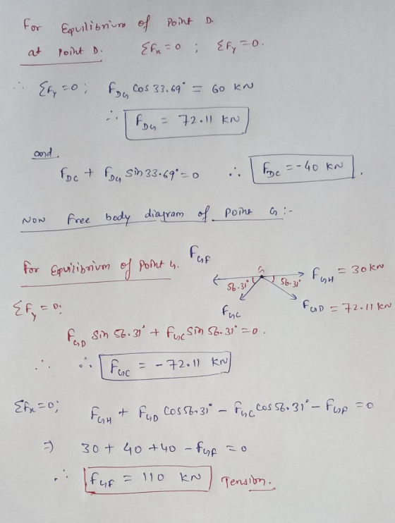 D. for Equilibrium of Point Point D. Efn=0; Efyo. at Eryso; For Cos 33.69° = 60 KN fon = 72.11 KN and foc + fou sin 33.69=0