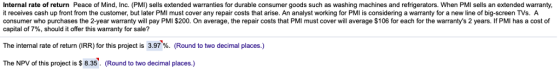 Internal rate of return Peace of Mind, Inc. (PMI) sells extended warranties for durable consumer goods such as washing machines and refrigerators. When PMI sells an extended warranty, it receives cash up front from the customer, but later PMI must cover any repair costs that arise. An analyst working for PMI is considering a warranty for a new line of big-screen TVs. A consumer who purchases the 2-year warranty will pay PMI $200. On average, the repair costs that PMI must cover will average $106 for each for the warrantys 2 years. If PMI has a cost of capital of 7%, should it offer this warranty for sale? The internal rate of return (IRR) for this project is 3.97%. (Round to two decimal places.) The NPV of this project is $8.35. (Round to two decimal places.)