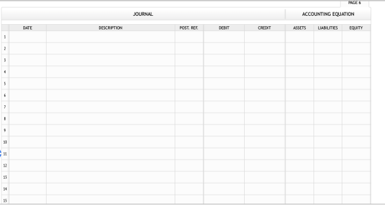 PAGE 6 JOURNAL ACCOUNTING EQUATION DATE DESCRIPTION POST. REF. DEBIT CREDIT ASSETS LIABILITIES EQUITY 1 2 3 4 5 6 7 8 9 10 11