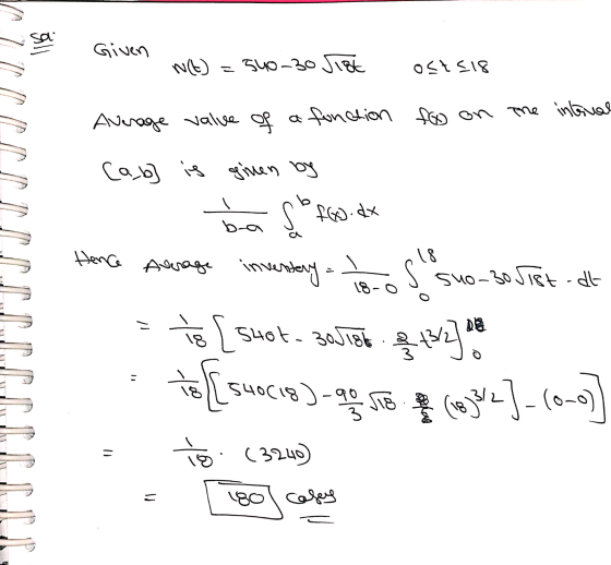 Given W(t) = 540-30 Sist ostsis Average value of a fonction fo on the interval Соды к от е ba slotas-dx Hence Aurage inventar