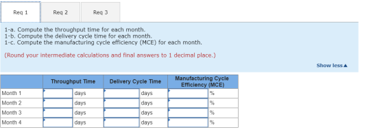 Req 1 Req 2 Req3 1-a. Compute the throughput time for each month. 1-b. Compute the delivery cycle time for each month. 1-c. C
