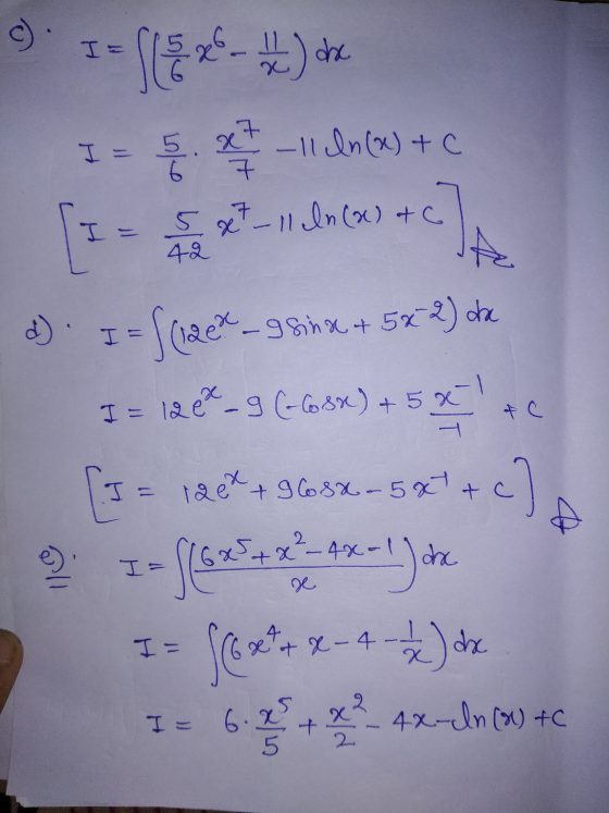 S. 6 -11 In (x) + c 7 x7_11 In (x) +C I 58-11 42 I I = Sciaex_g&inx + 5x2) de I= 1200-9 (-Cosx) + 5 +5x-1 & C I = 120x + glos
