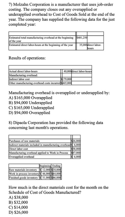 7) Molzahn Corporation is a manufacturer that uses job-order costing. The company closes out any overapplied or underapplied