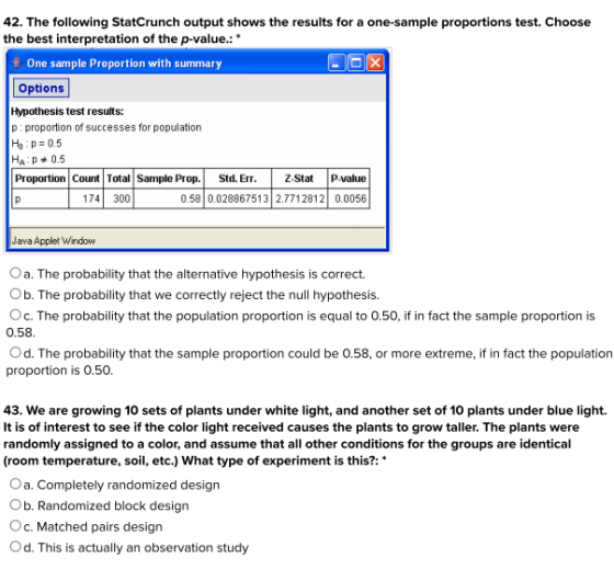 42. The following StatCrunch output shows the results for a one-sample proportions test. Choose the best interpretation of th