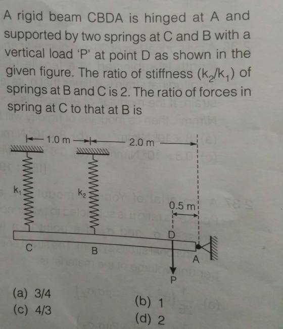 A rigid beam CBDA is hinged at A and supported by two springs at C and B with a vertical load P at point D as shown in the given figure. The ratio of stiffness (k2/k1) of springs at B and C is 2. The ratio of forces in spring at C to that at B is k, k2 0.5 m (a) 3/4 (c) 4/3 (b) 1 (d) 2
