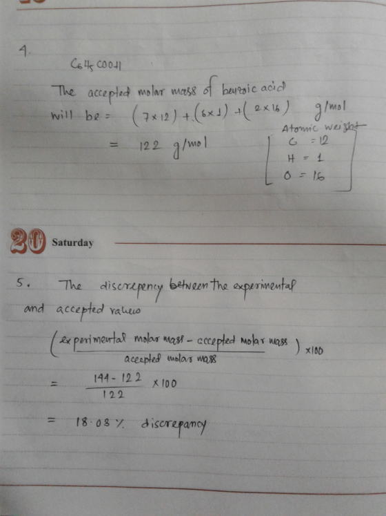 4. The accepted molar mass of beveoic acid glmol glmal (7*12) + (6x4) (ex6) will be Atomic weght = 12 122 g/mol %3D 30 Saturd