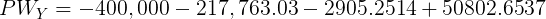 PWY = -400,000 – 217,763.03 – 2905.2514+ 50802.6537