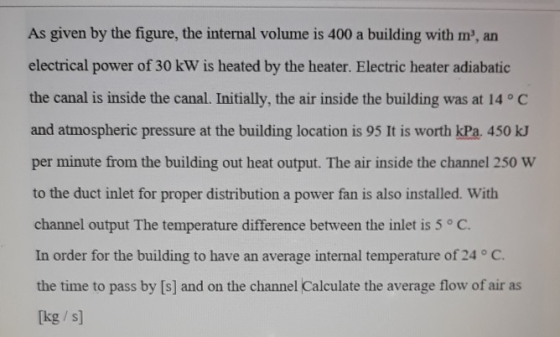 As given by the figure, the internal volume is 400 a building with m, an electrical power of 30 kW is heated by the heater.