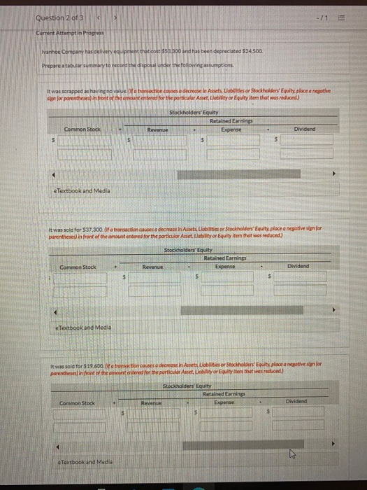 Question 2 of 3 - / 1 Current Attempt in Progress Ivanhoe Company has delivery equipment that cost $53.300 and has been depre