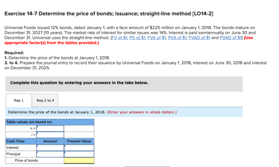 Exercise 14-7 Determine the price of bonds; issuance; straight-line method [LO14-2] Universal Foods issued 12% bonds, dated J
