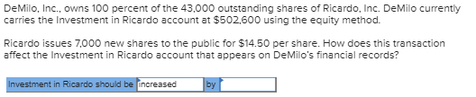 DeMilo, Inc., owns 100 percent of the 43.000 outstanding shares of Ricardo, Inc. DeMilo currently carries the Investment in R