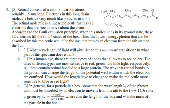 3. [5] Retinal consists of a chain of carbon atoms roughly 1.5 nm long. Electrons in this long chain molecule behave very much like particles in a box The retinal molecule is a linear molecule that has 12 electrons that are free to move about the chain According to the Pauli exclusion principle, when this molecule is in its ground state, these 12 electrons fill the first 6 states of the box. Thus, the lowest energy photon that can be absorbed by this molecule would be the one that moves an electron from the 6th state to the 7th H3C CH3 [1] What wavelength of light will give rise to this an upward transition? In what part of the spectrum does it fall? [1] In a human eye, there are three types of cones that allow us to see colors. The three different types are most sensitive to red, green, and blue light, respectively. All three contain retinal bonded to a large protein. The way that retinal bonds to the protein can change the length of the potential well within which the electrons are confined. How would the length have to change to make the molecule more sensitive to blue or red light? [3] In general, for a particle in a box, show that the wavelength A of the photon that must be absorbed by an electron to move it from the nth to the (n + 1)th state b. is given by λ,-(2n+1)Th. the particle in the box where L is the length of the box and m is the mass of