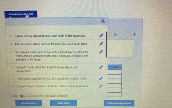 View transacting list 1 Satillo Richey invested $52,000 cash in the business. 2 Paid October office rent of $2,600; issued Ch