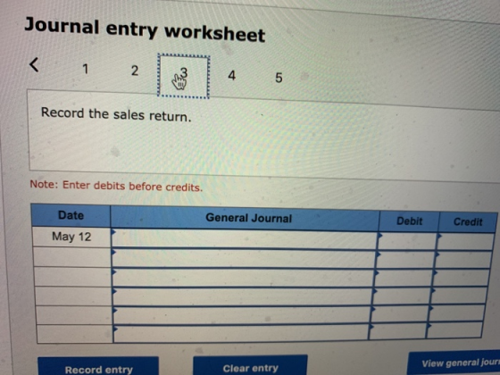 Journal entry worksheet < 1 2 3 4 5 Record the sales return. Note: Enter debits before credits. Date May 12 Debit Credit Gene