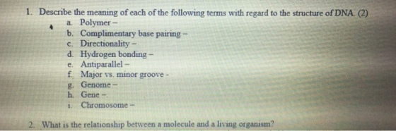 1. Describe the meaning of each of the following terms with regard to the structure of DNA. (2) a. Polymer b. Complimentary base pairing- c. Directionality - d. Hydrogen bonding- e. Antiparallel- f Major vs. minor groove - g. Genome- h. Gene - i. Chromosome- 2. What is the relationship between a molecule and a living organism?