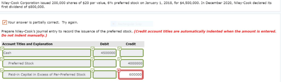 Niley-Cook Corporation issued 200,000 shares of $20 par value, 6% preferred stock on January 1, 2018, for $4,500,000. In Dece