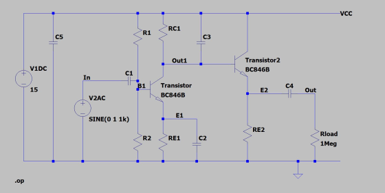 VCC RC1 R1 C5 C3 Outi Transistor2 BC846B V1DC + In B1 Transistor 15 c4 E2 Out BC846B V2AC E1 SINE(O 1 1k) RE2 Rload R2 RE1 C2