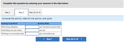 Complete this question by entering your answers in the tabs below. Req 1 Req 2 Req 3A to 30 Compute the activity rates for th