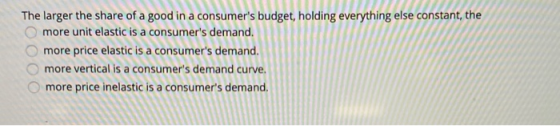 The larger the share of a good in a consumers budget, holding everything else constant, the more unit elastic is a consumer