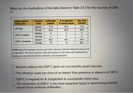 What are the implications of the data shown in Table 22.5 for the function of OSP- C? strain used to Infect mice B. burgdorfe