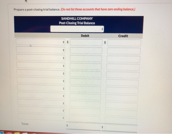 Prepare a post-closing trial balance. (Do not list those accounts that have zero ending balance.) SANDHILL COMPANY Post-Closi