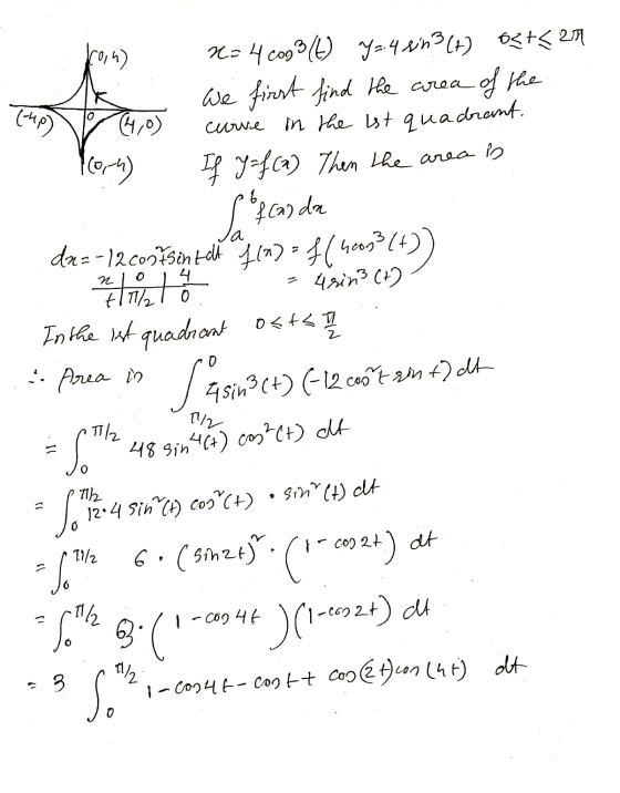 fron) (40) x= 4 cog3 (4) Y=:4 sin3 (+) ostean We first find the area of the (4,0) crive in the est quadrant. 160-4) If y = f(